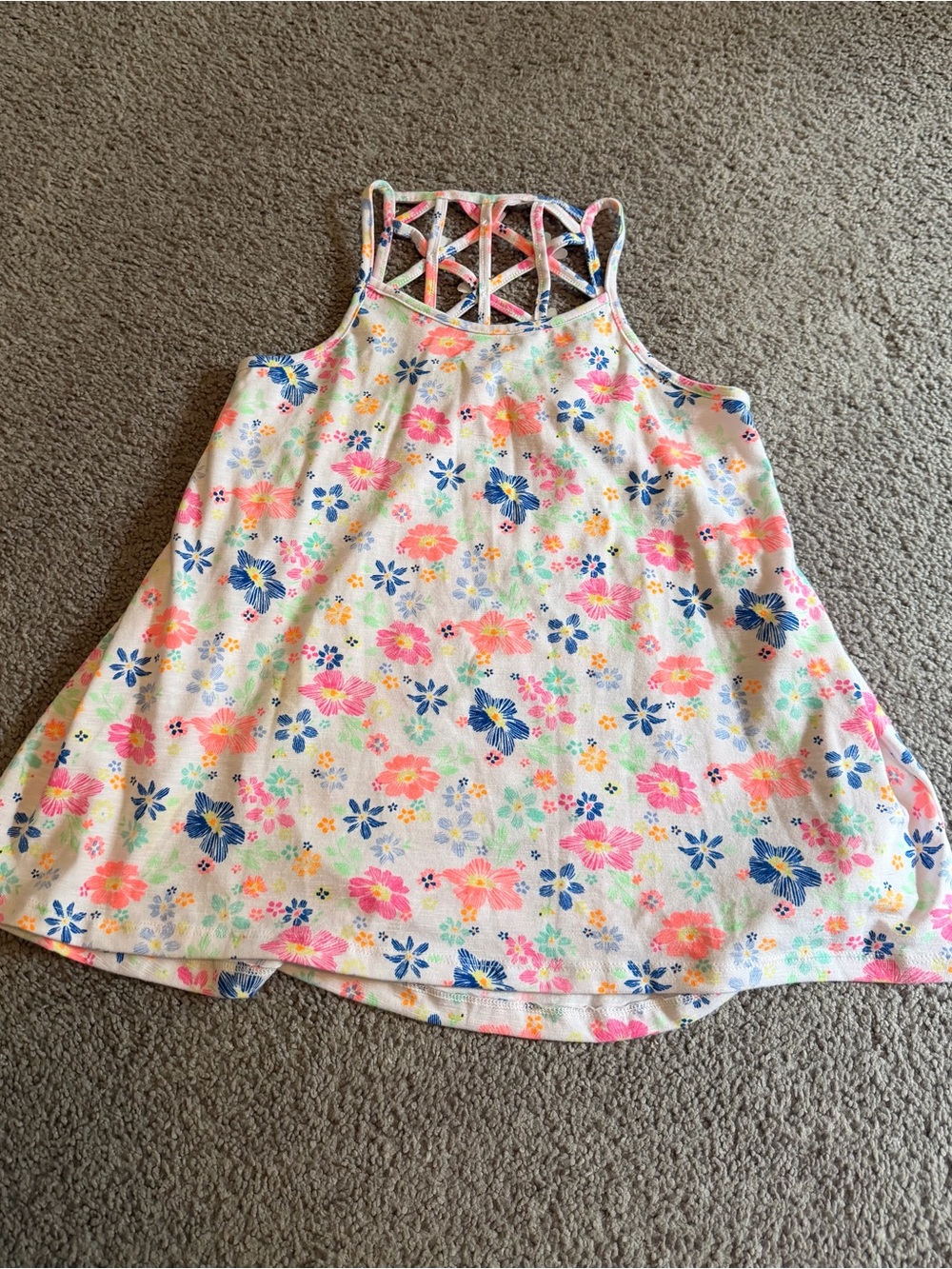 SO Girls Floral Crisscross Back Tank Top - White with Pink & Blue Flowers
